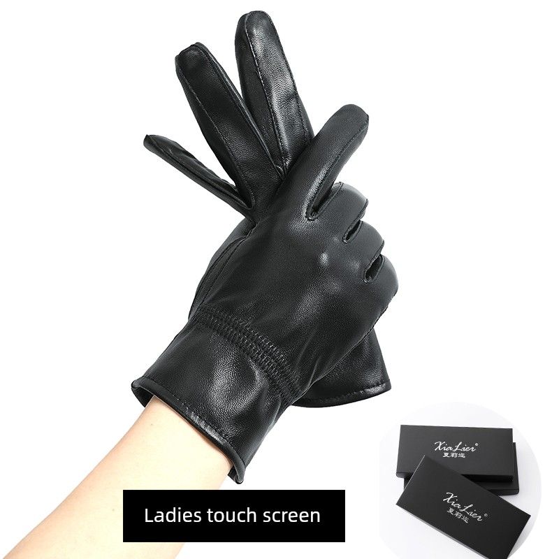 Real Leather Gloves Women's Sheepskin Gloves Leather Gloves Cycling Winter Warm Fleece-Lined Cycling Electric Car Touch Screen Leather Gloves Thin