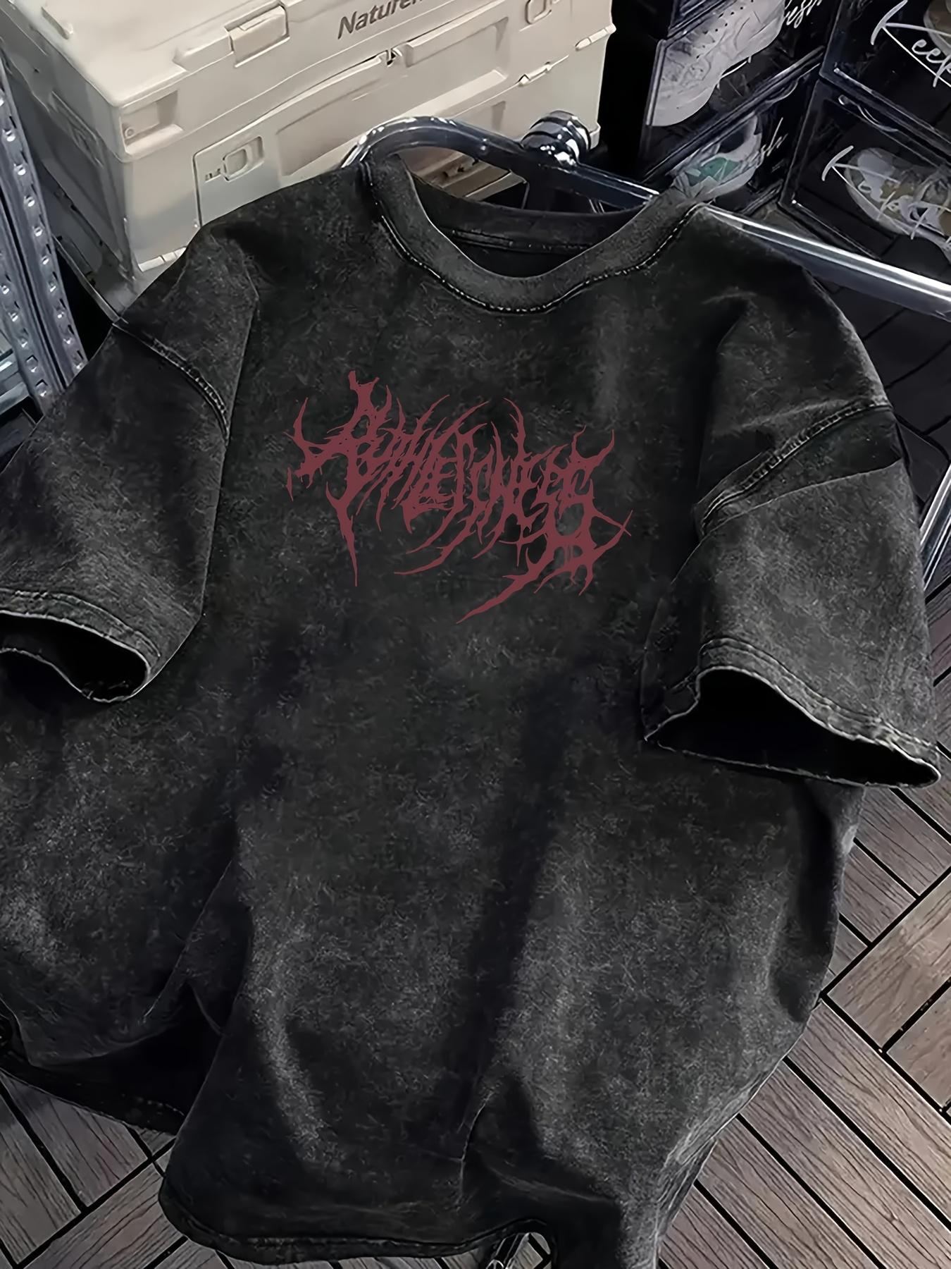 

Vintage Acid Wash Powerfulness Gothic Metal Font Graphic TShirt Oversized Streetwear Casual Cotton Tops for Men Women S