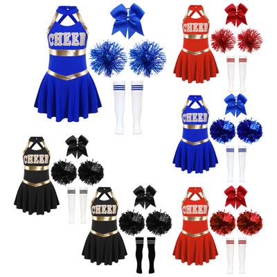 Kinder Mädchen Cheerleading Outfits Brief Drucken Patchwork Ärmelloses Tanzkleid Schleife Kopfbedeckung Hand Blumen Gestreifte Röhrensocken