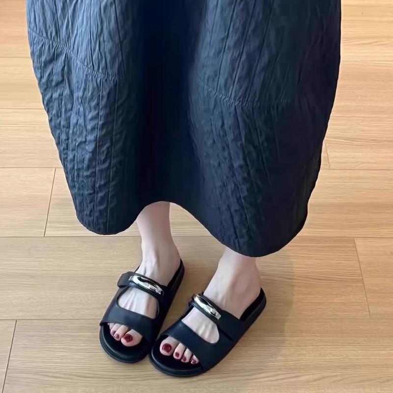 Rindslederversion~ Französische Metallschnalle Einwort Damen 2025 neue Sommer Plateau Strandschuhe Klettverschluss coole Pantoletten