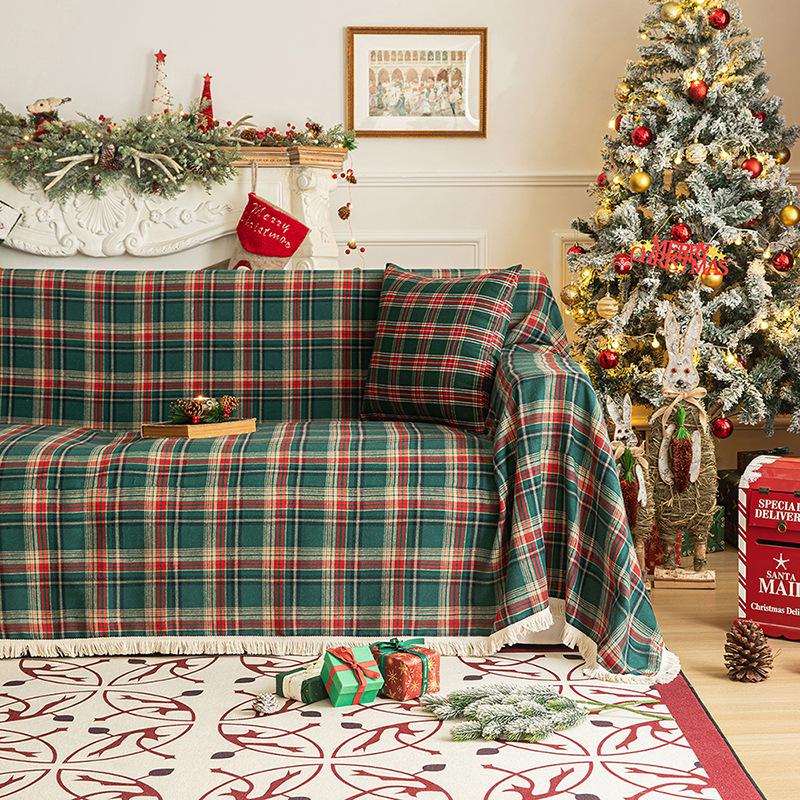 New Christmas Plaid Sofa Throw - Retro Non-Slip Couch Cover, Multi-Purpose Blanket for Home & Vacation Rentals Festive Sofa Cover