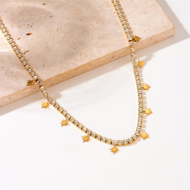 Gold Plated CZ Tennis Chain Star Pendant Necklace, Stainless Steel Dainty Y2K Choker, Waterproof Sparkly Jewelry for Women Gift