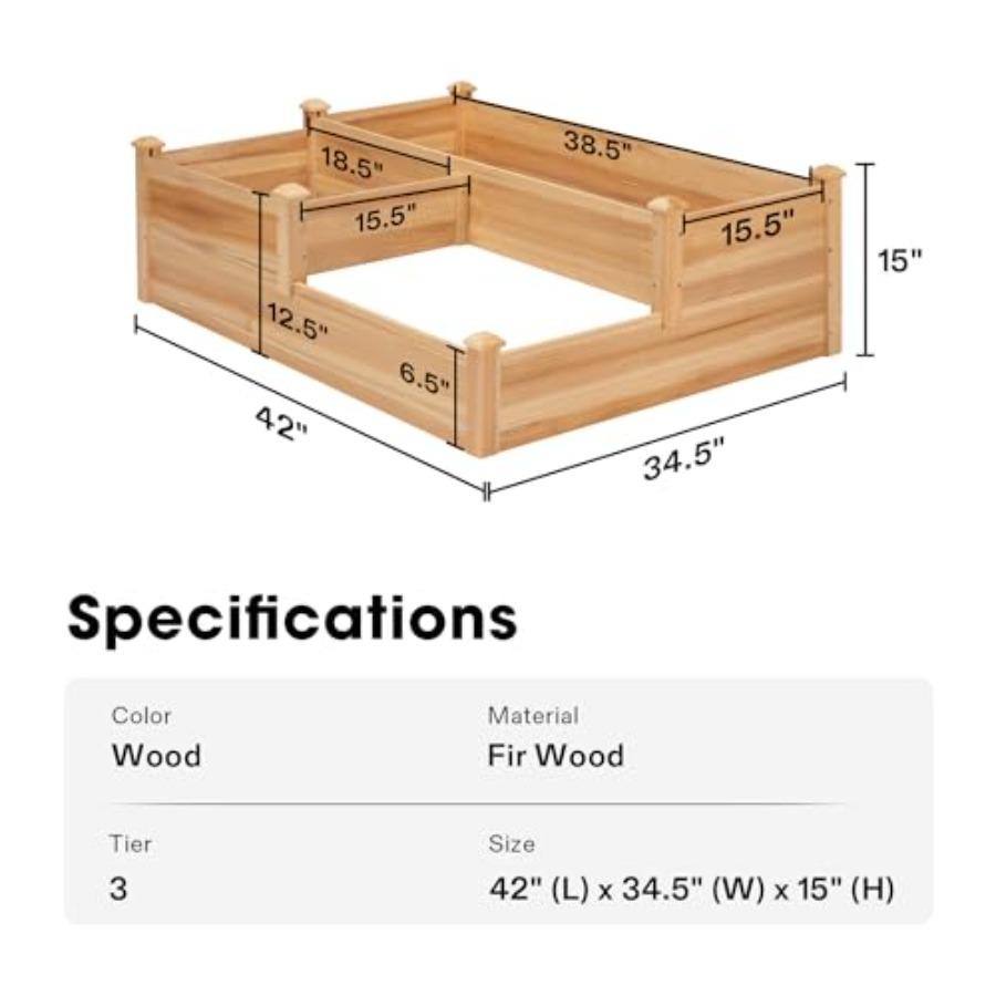 3-Tier 3-Grid Wooden Raised Garden Bed 42.5 X 34.5 X 15 Inches Outdoor Elevated Wood Planter Box with Screwdriver for Gardens P