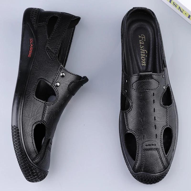 Fashion Summer Casual  Leather Men Outdoor Sandals Fashion Flat Designer Breathable Casual Walking Shoe Soft Bottom Beach Sandal