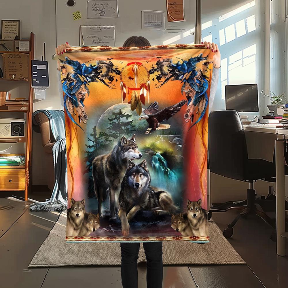 1Pc Indian Wolf Print Flannel Blanket, High quality Comfortable for All Seasons, Home Decor, Warmth and Comfort, Perfect for Christmas Gifts