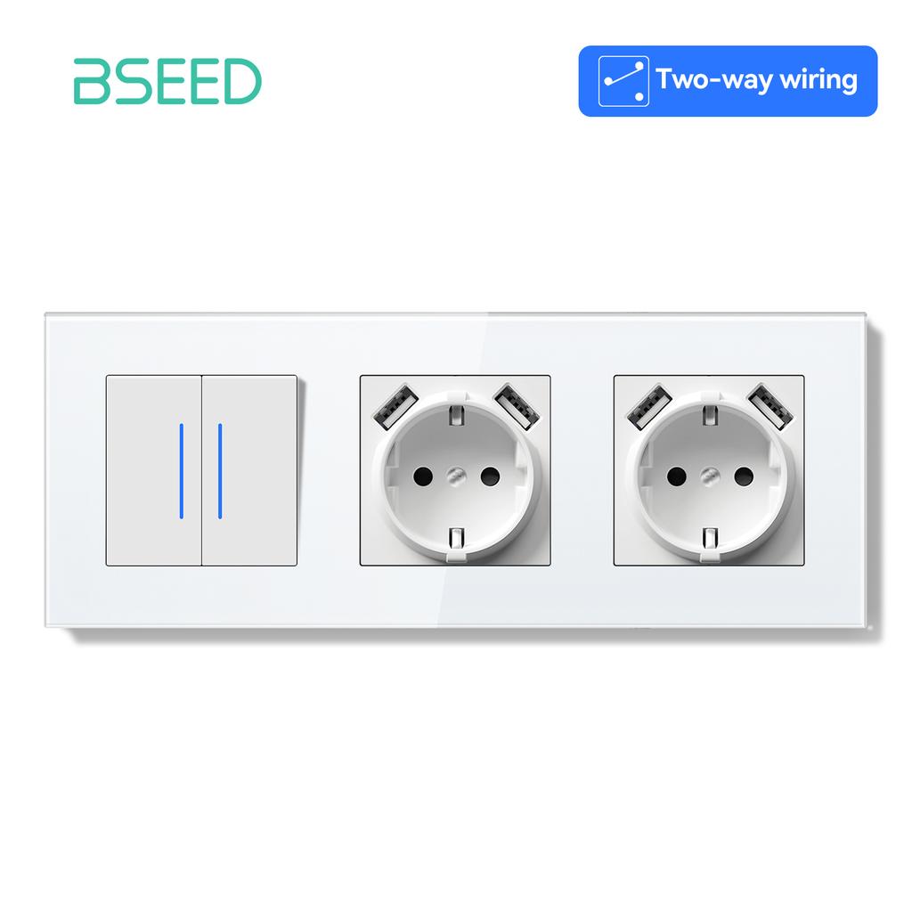 BSEED 1/2Gang Mechanical Light Switches 2way Pass Through Switch With EU Socket USB Type-c LED Indicator Glass Frames E Series