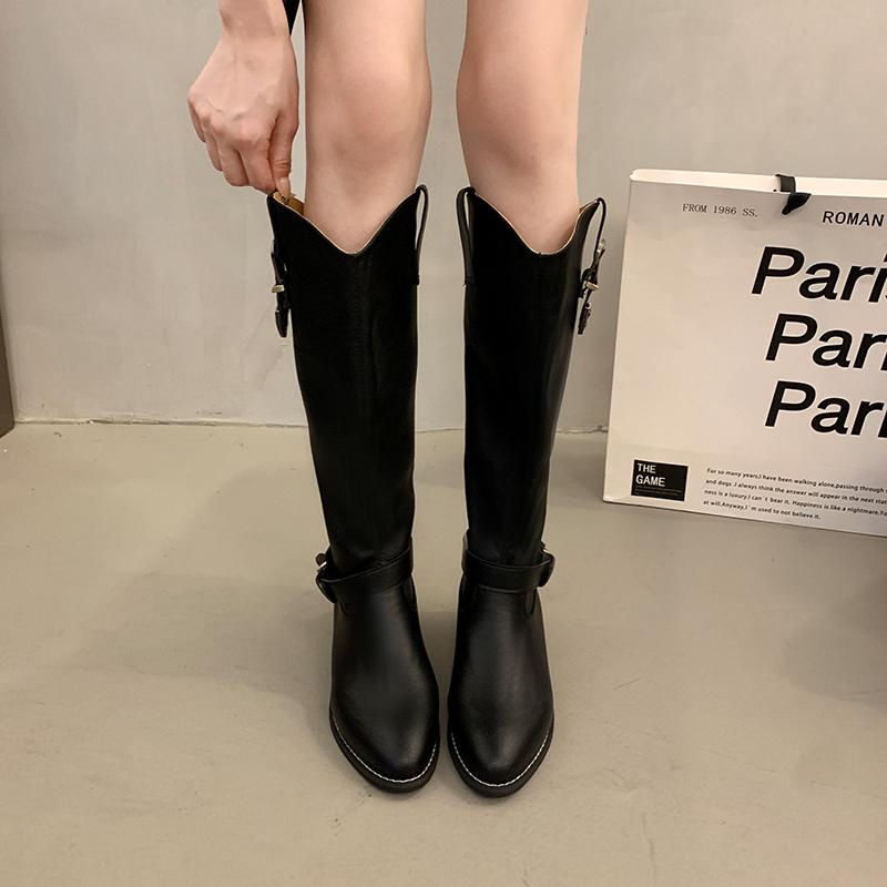 2024 High Quality Ladies Shoes Zip Women's Boots Fashion Belt Buckle Modern Boots Women Sexy Pointed Toe Knee-High Boots Zapatos