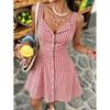 European Summer Sweet Age Reduction Plaid Single-breasted Pink Sleeveless V-neck Short Dress Women