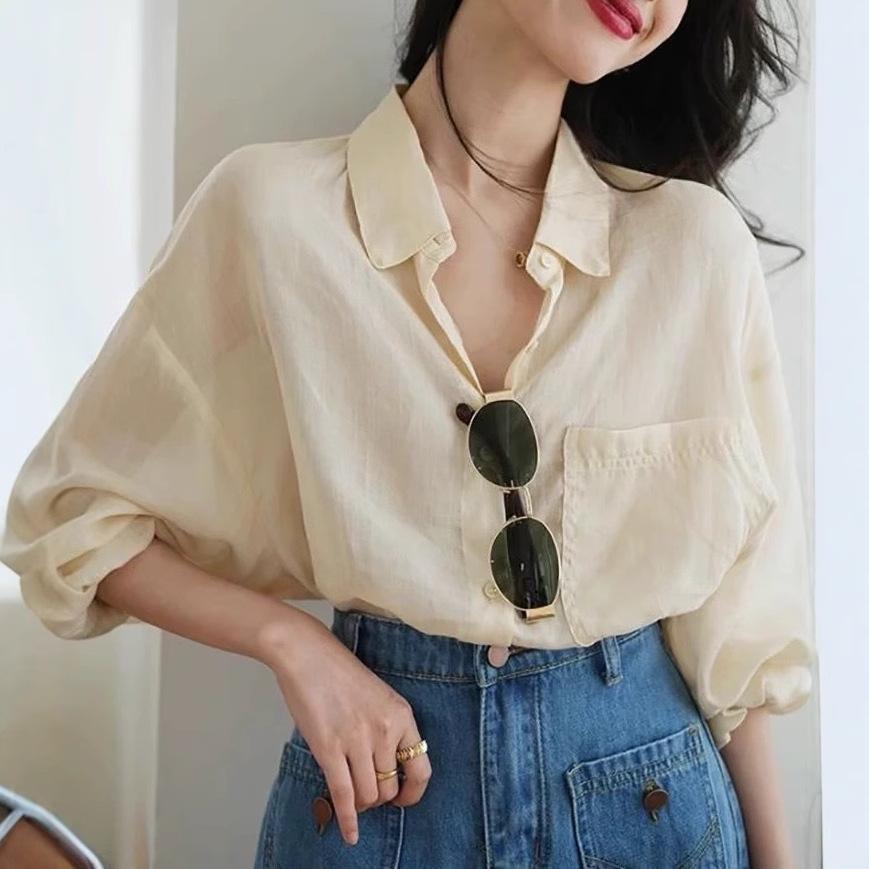 French purple cotton-linen shirt for women, early spring design, niche, high-end, casual, chic shirt top