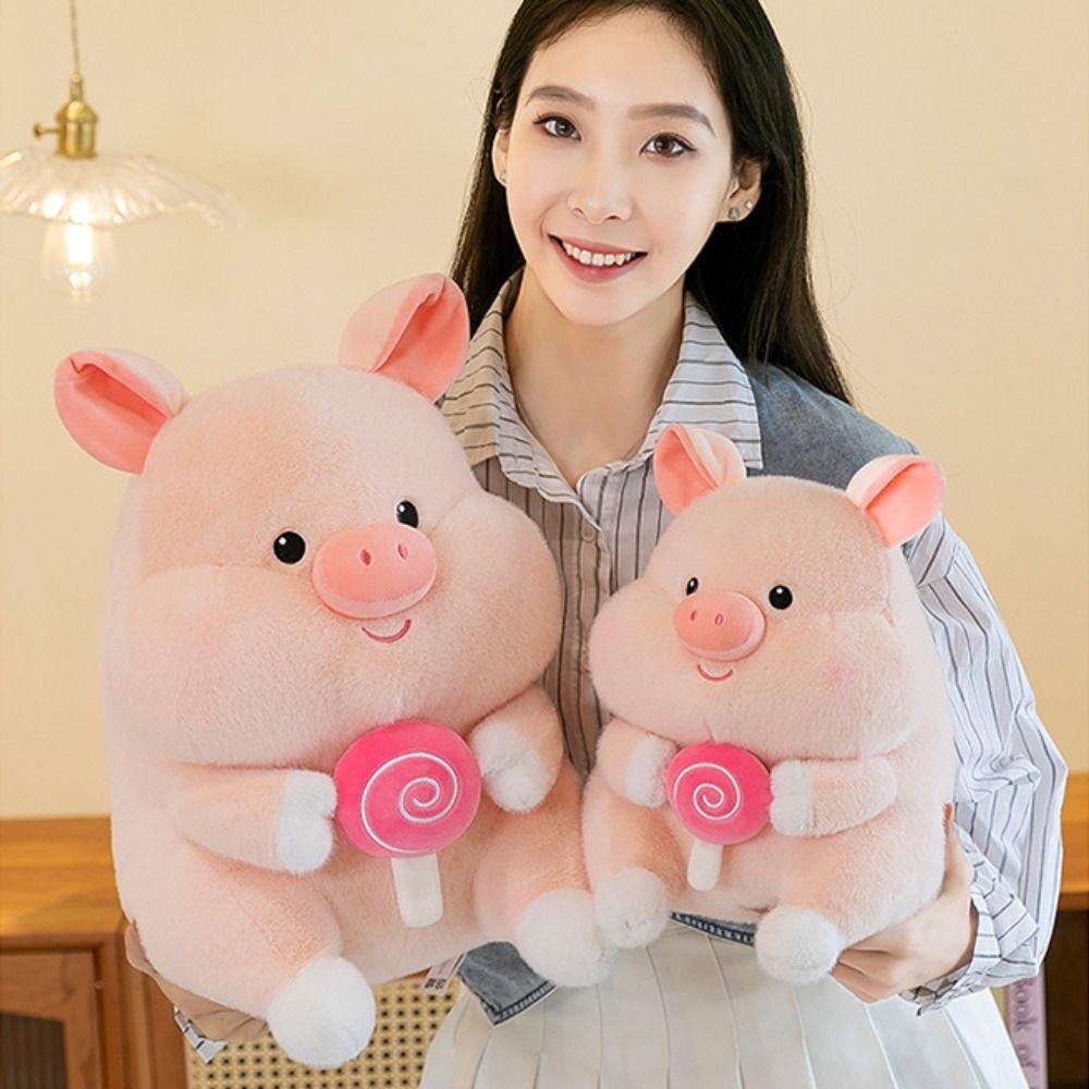 Soft Pig Holding Lollipop Plush Toys PP Cotton Stuffed Pig Plushie Doll  Home Decor