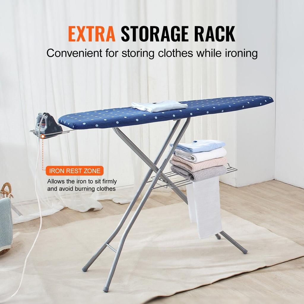Ironing Board with Bottom Storage Tray, Thickened 4 Layers Iron Board with Heat Resistant Cover and 100% Cotton Cover, 10 Adjustable Heights Ironing
