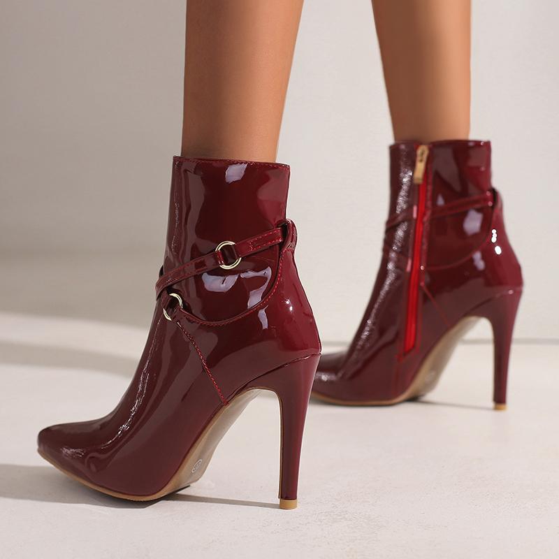 Winter High Heels Boots Women Ankle New Glossy Patent Leather Stilettos Pointed Toe Cross Bandage Zip Plus Size 34-50 Shoes
