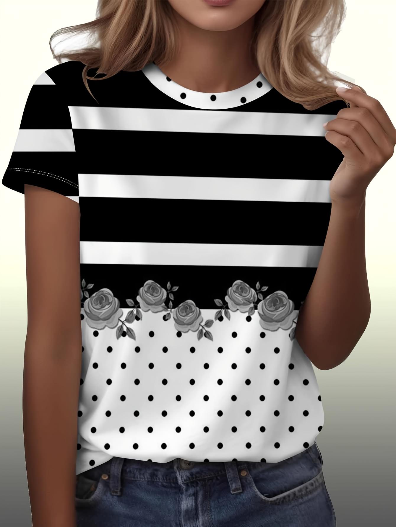 

Fashionable Striped Polka Dot Rose Pattern Printed Women S Casual Short-Sleeve T-Shirt - Stylish Print. Soft Round-Neck Top. Machine Washable. Comfort 2XL дубильна кора