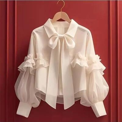 Damen Herbst Französischer Stil Hübsches Design Schleife Langärmeliges Hemd