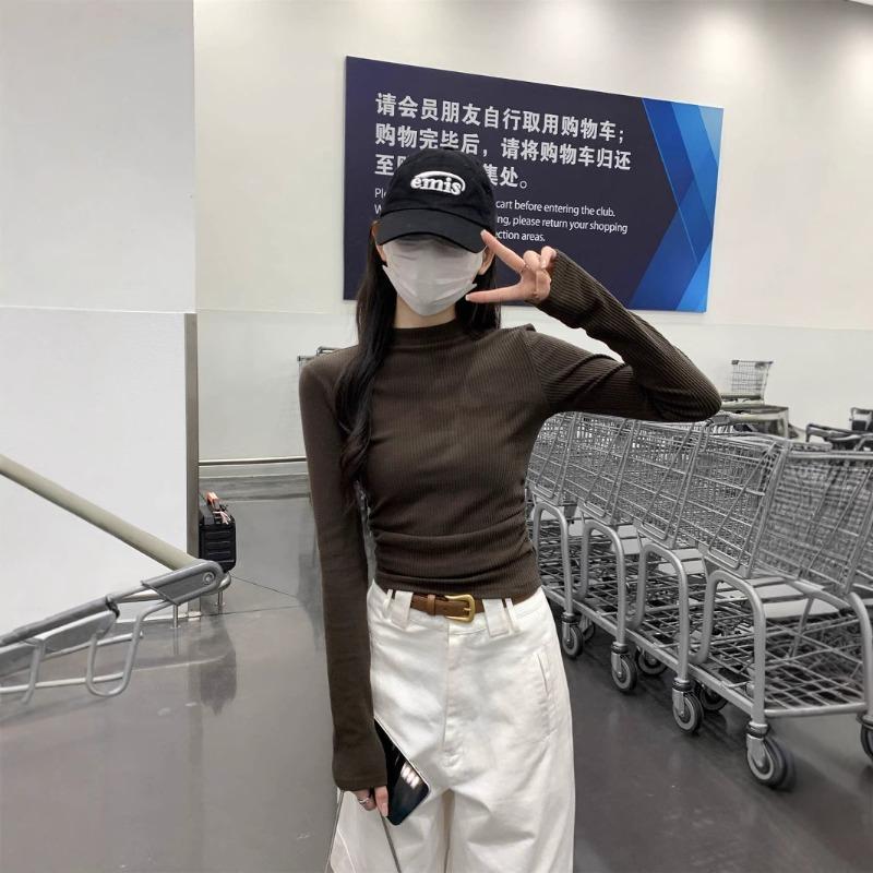 Vintage front shoulder top women's spring design pleated card waist shirt semi-turtleneck inner bottoming shirt