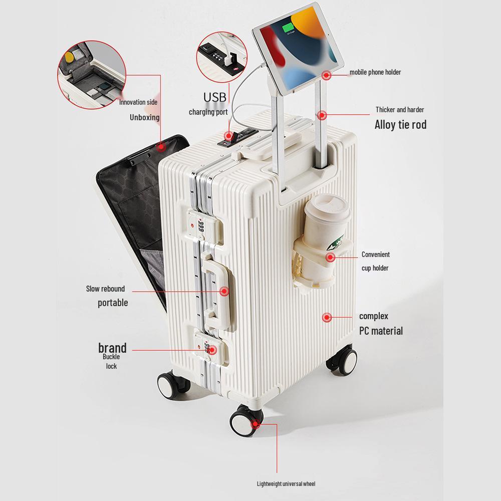 Multifunctional 26-Inch Front-Opening Carry-On Suitcase with Cup Holder and Large Capacity, Customizable 22-Inch/24-Inch Options