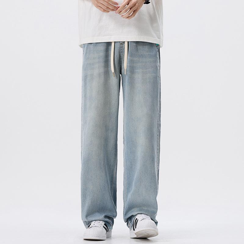 Vintage Washed Elastic Waist Jeans Men's Summer Thin Wide-leg Pants