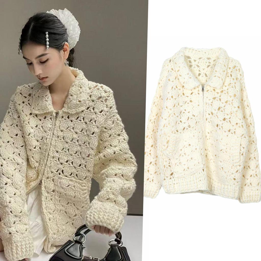 Women's Korean Cable Knit Loose Cardigan - Turn-Down Collar, Hand-Knitted, Soft Autumn Sweater