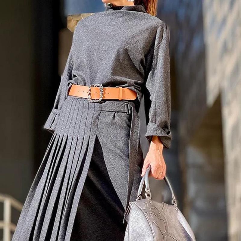2023 Autumn Women's Long Sleeve Solid Color Two-Piece Loose Dress Set for Europe and America