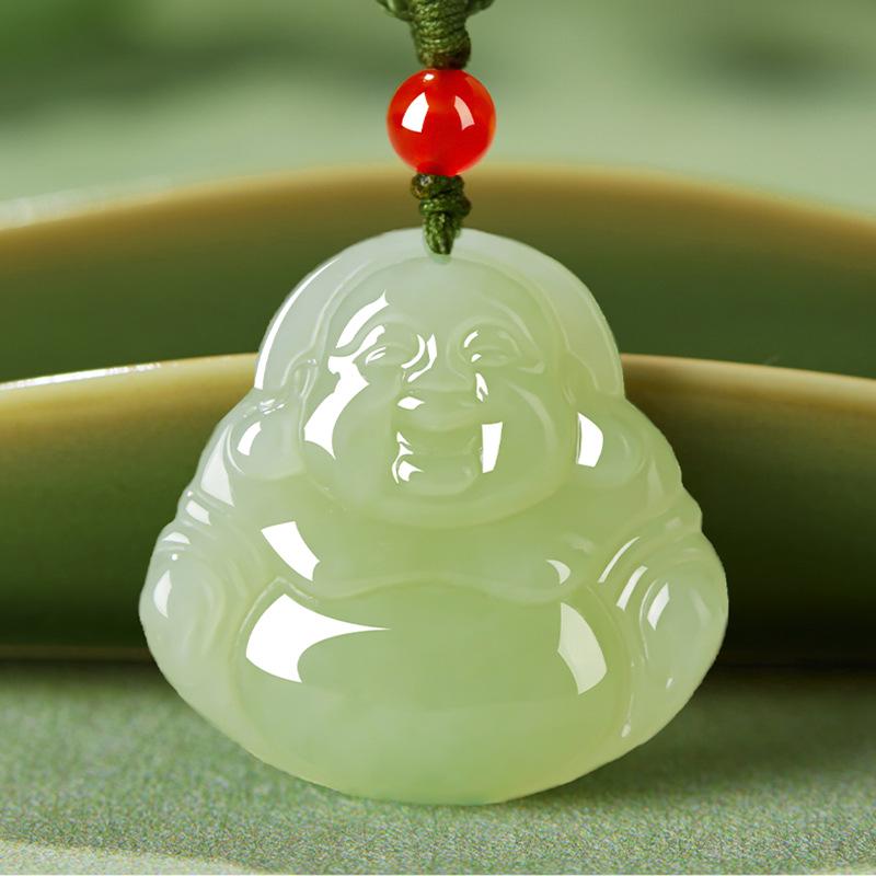 Women's Natural Xinjiang Hetian Jade Laughing Buddha Pendant Necklace - Perfect Gift for Girlfriend
