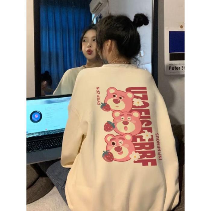 Японский милый принт клубничного мишки круглый вырез осенне-зимняя корейская версия оверсайз свободная омолаживающая куртка-свитер женская 3XL абрикосовый 1900₽