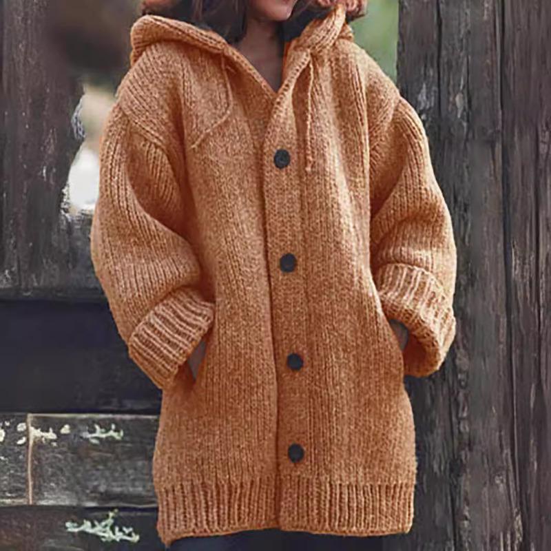 Beliebte Damenbekleidung Mittlerer und langer Pullover Neue Strickjacke mit Kapuze