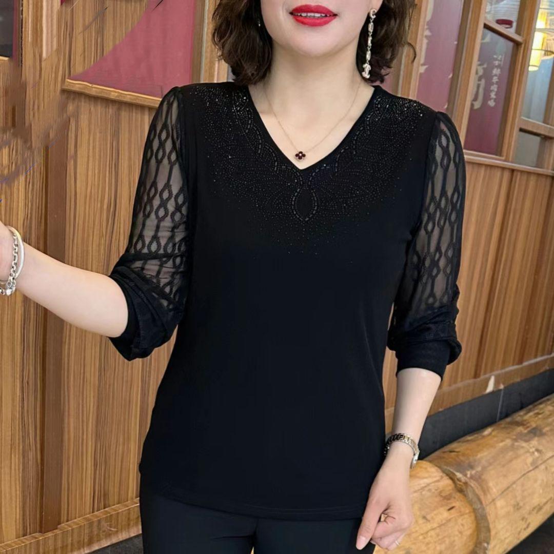 

Летняя женская футболка со средним рукавом и вырезом в виде кружева и V-образным вырезом, женская свободная повседневная рубашка с коротким рукавом и ромбами, высококачественная базовая рубашка L