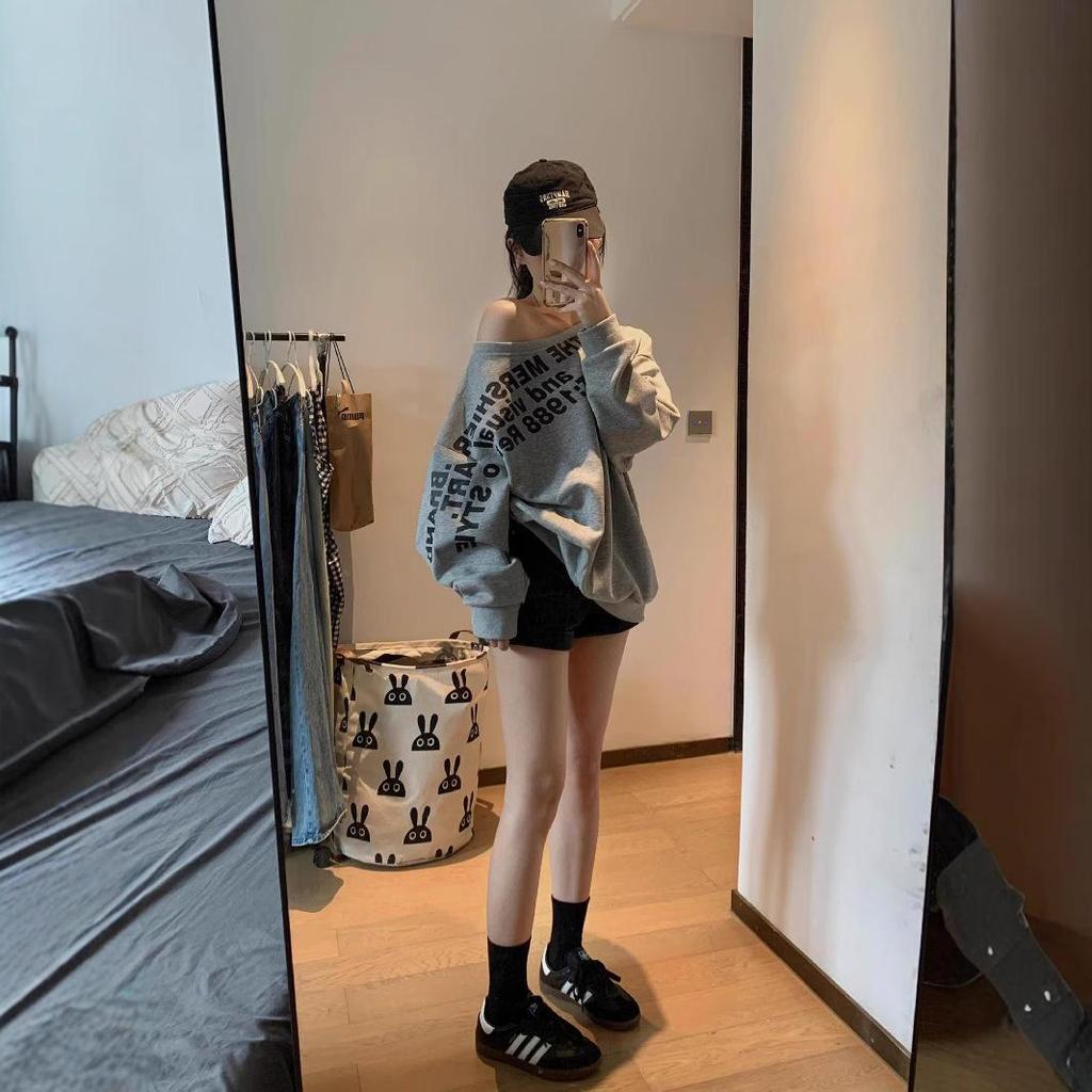 Damen American Retro Schrägkragen Sweatshirt - Übergroßes Oberteil für Frühling/Herbst