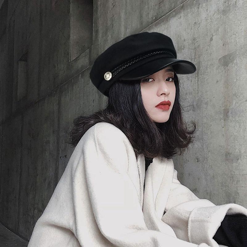 Retro Women Spring New Hot Selling Everything Cotton Hemp Beret Temperament Leather Brim Painter Hat Trend Octagon Hat