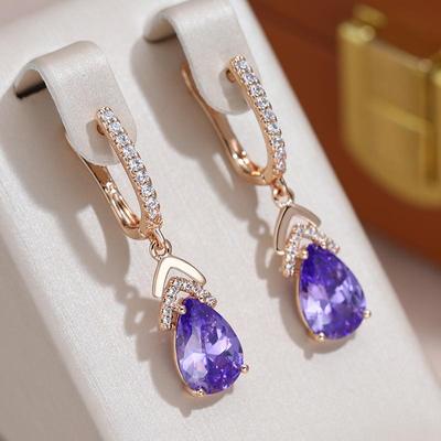 Orecchini pendenti a forma di pera con zirconi viola per donna, eleganti orecchini con zirconi rosa chiaro, per feste e tutti i giorni, scintillanti gioielli.