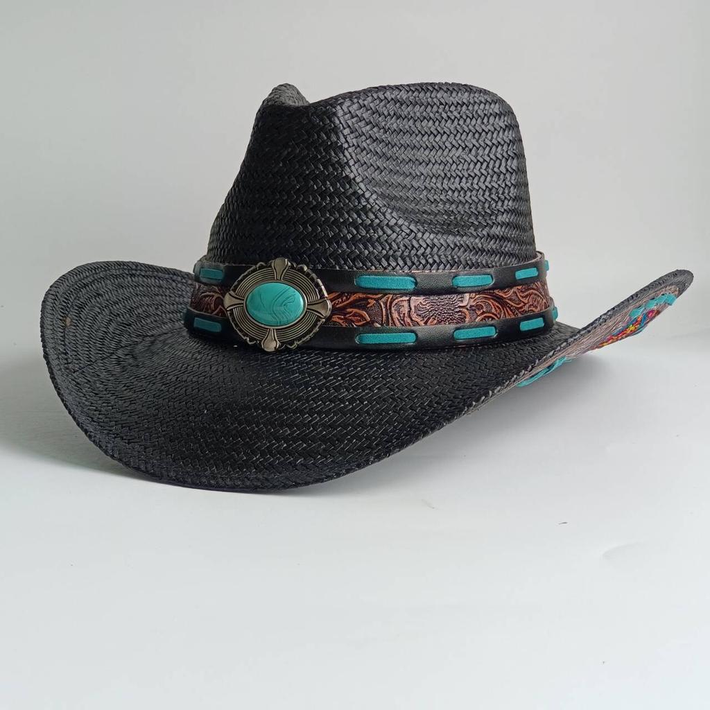 summer Cowboy Hat Summer Outdoor Travel Turquoise Accessories for Men and Women Retro Gentleman Western Cowboy Straw Hat