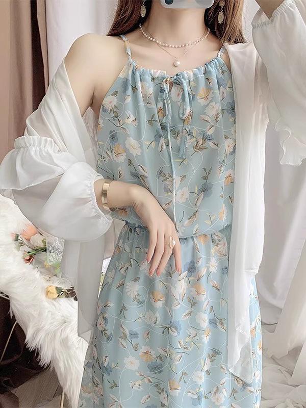 Damen Sommerkleid-Set mit Blumenmuster und Taillenbetonung 2025 - Eleganter Französischer Schlanker Trägerstil.