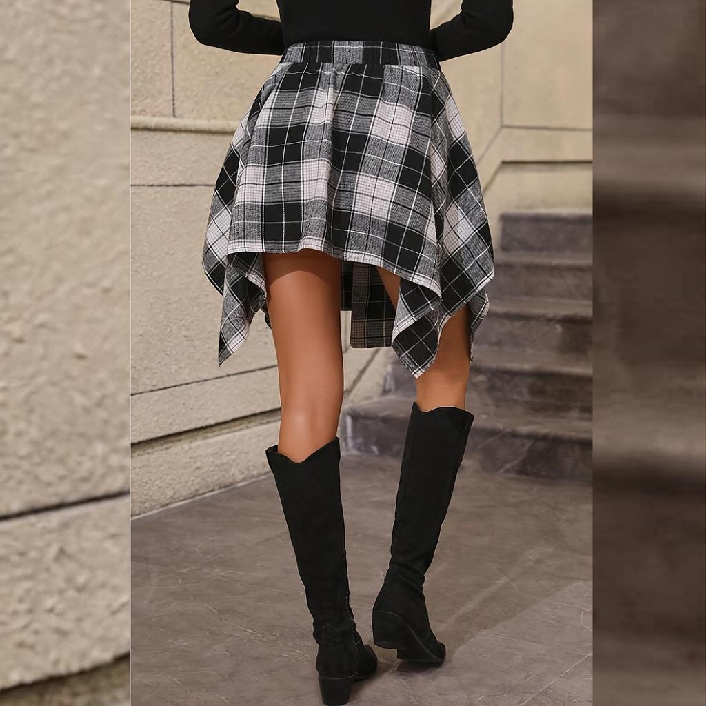 Womens Plaid Skirt High Waisted Asymmetrical Hem Flared Knot Front Casual Fashion Skirt