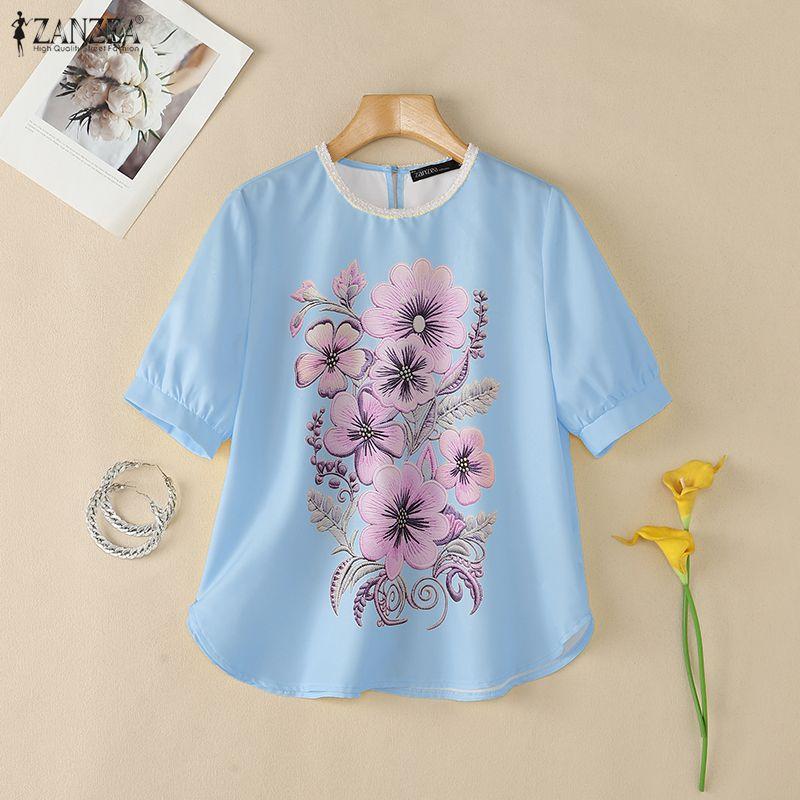 ZANZEA Women Casual Round Neck Floral Print Loose Short Sleeve Blouse