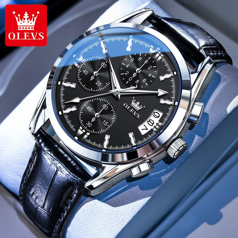 OLEVS 2987 Watches For Man New Original Business Chronograph Quartz Watch Waterproof Luminous Leather Strap Mans Watch Gifts