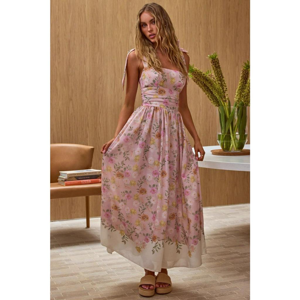 A New Summer Vacation Style French Floral Cinched-waist Slimming Color-block Halter Dress