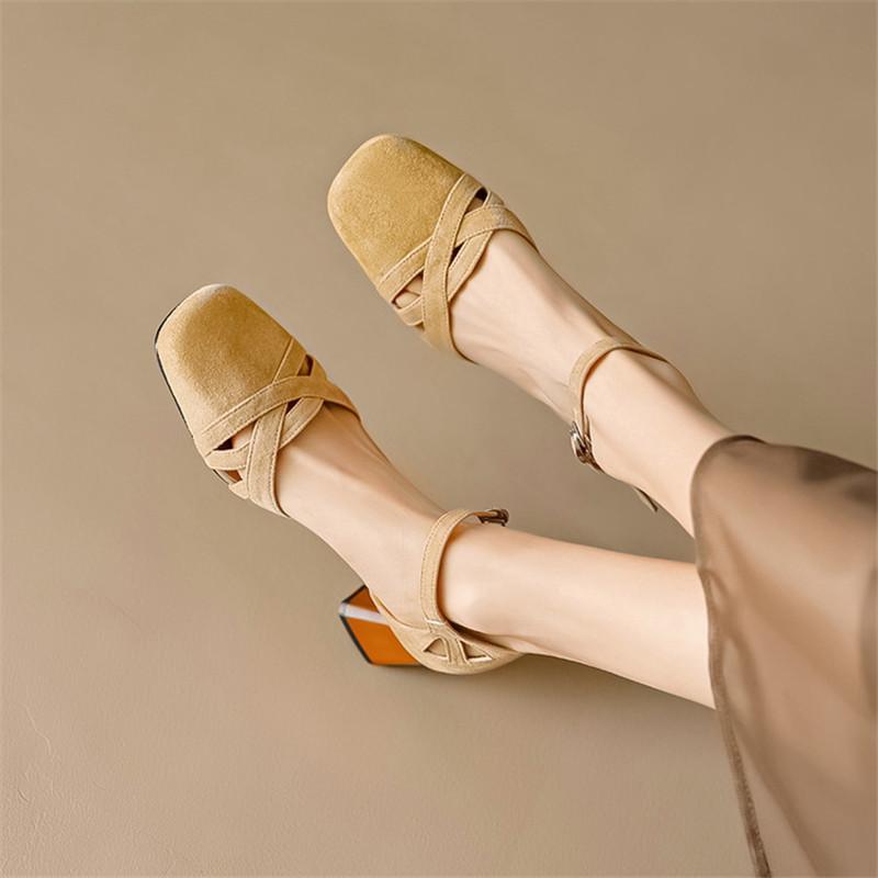 Fashion New Summer Sandals Cover Toe Sandals for Women Sheep Suede Sandals Fashion Retro Square Toe Chunky Heels Women Gladiator Shoes