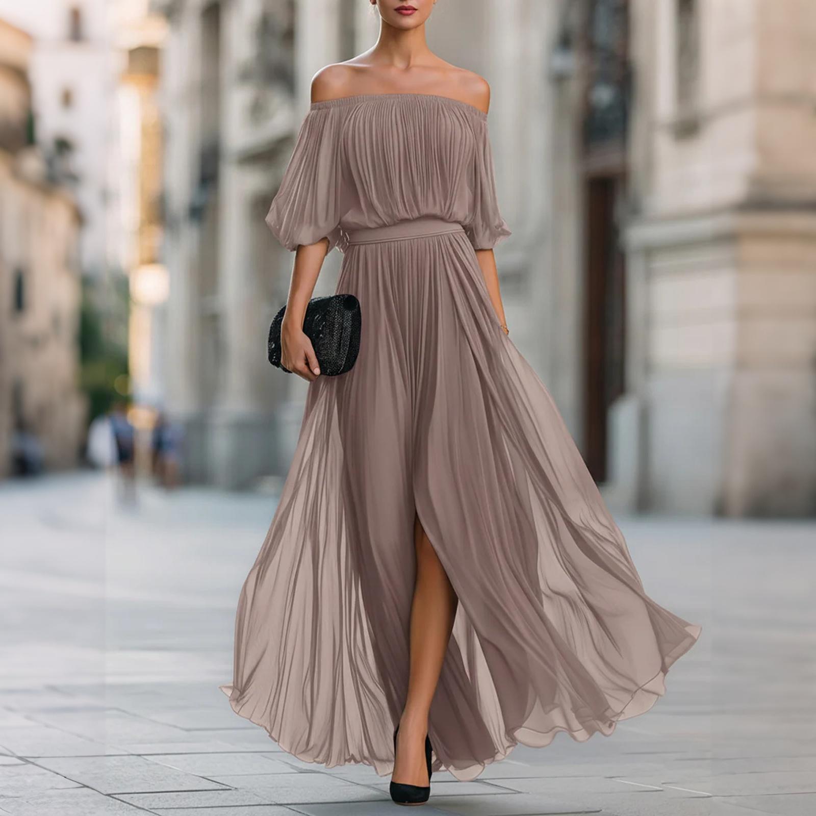 

Off Shoulder Pleated Chiffon Maxi Dress for Women Elastic Waist Half Sleeve Long Evening Gown with Slit M хаки