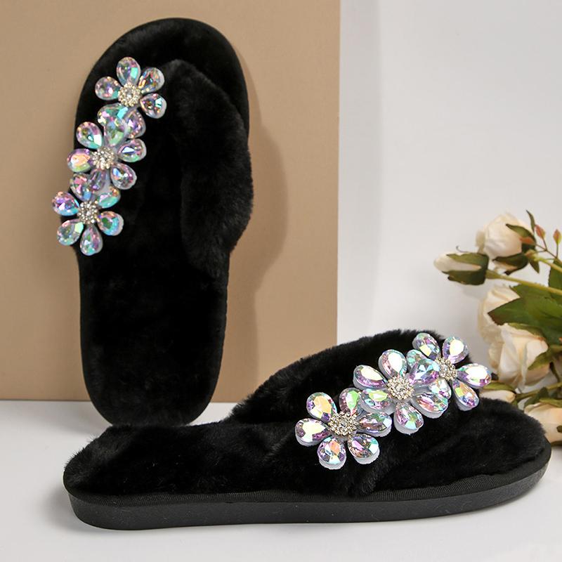 Fashion Rhinestone Floral Fur Flip Flops Women Winter Indoor Open Top Slip On Cotton Slippers Woman Comfort Faux Fur Plush Slippers Lady