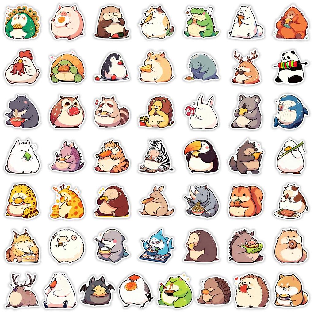 50pcs PVC Animal Graffiti Stickers - Cute, Gluttonous Cartoon Decorations for DIY Stationery & Suitcases