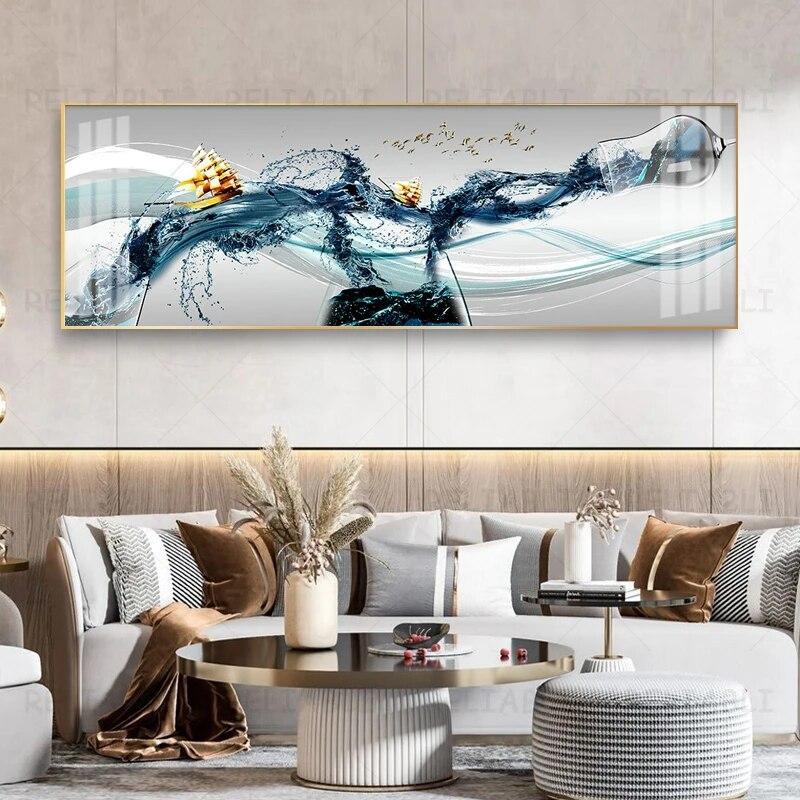 

Сучасна розкішна картина на полотні Бокал для вина Вітрильник Декоративні картини Настінне мистецтво Китайська золота Вітальня Декор спальні Куадрос 30x90CM NO Frame озеро синього кольору