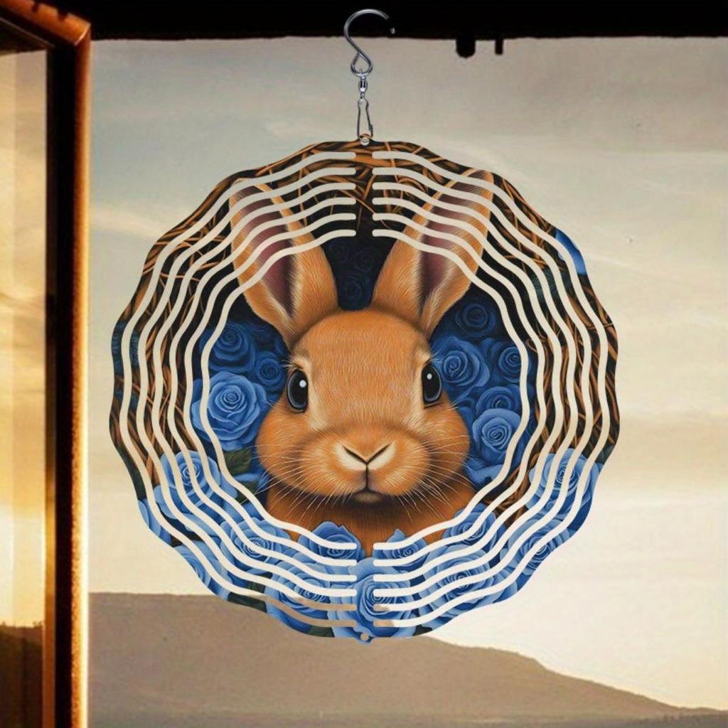 Metal Wind Chime with Blue Rose and Rabbit Design Rotating Hook Durable Garden Art Decor Outdoor Ornament Reflective Spiral Design Easy to Install