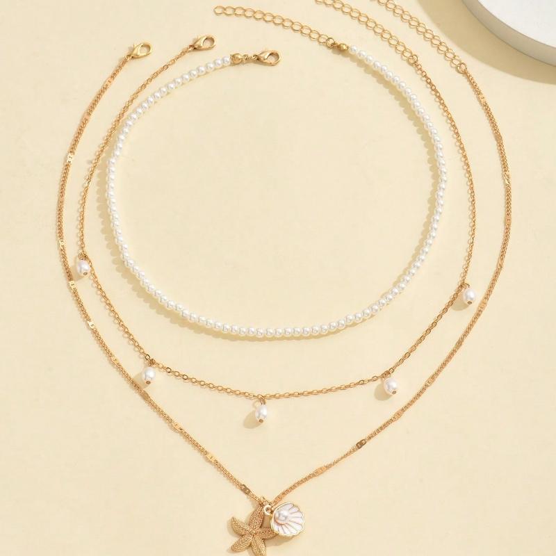 Simple Braided Bead Chain Necklaces, Gold Tone, Layered Pendant Necklace Set for Women Daily and Party Wear