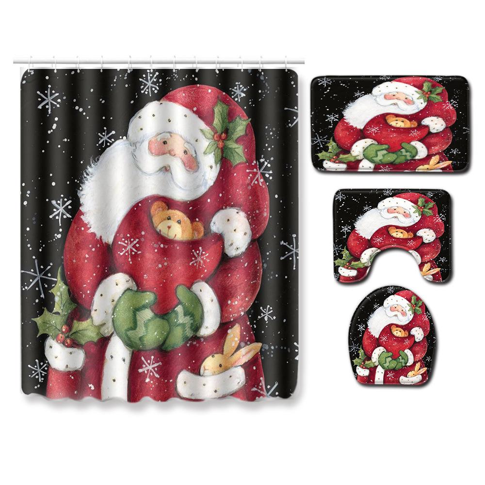 Christmas Shower Curtain Floor Mat Combination Four-Piece Set Bathroom Non-Slip Mat Toilet Absorbent Door Mat Carpet