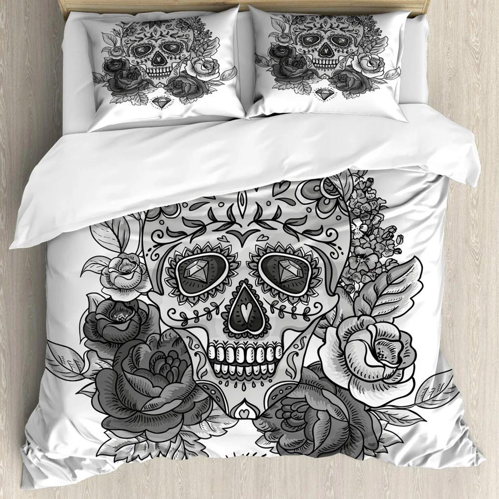 Sugar Skull Duvet Cover Illustration Of Diamond And Roses Vintage Revival Design Polyester Bedding Set Double Queen King Size