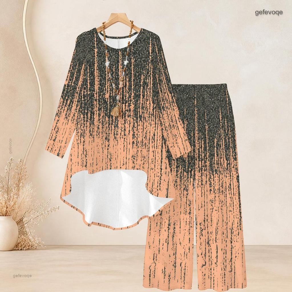 Women Plus Size Purple White Printed Round Neck Long Sleeve High Low Top Wide Leg Pants Two Piece Set