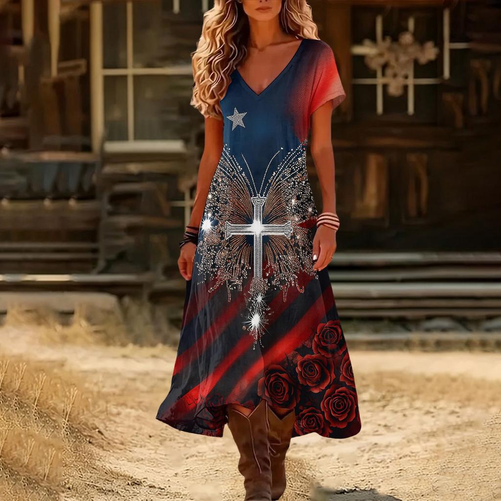 Women’s Short Sleeve V Neck Maxi Dress with Floral Print and Flag Pattern Casual Loose Fit Summer Dress
