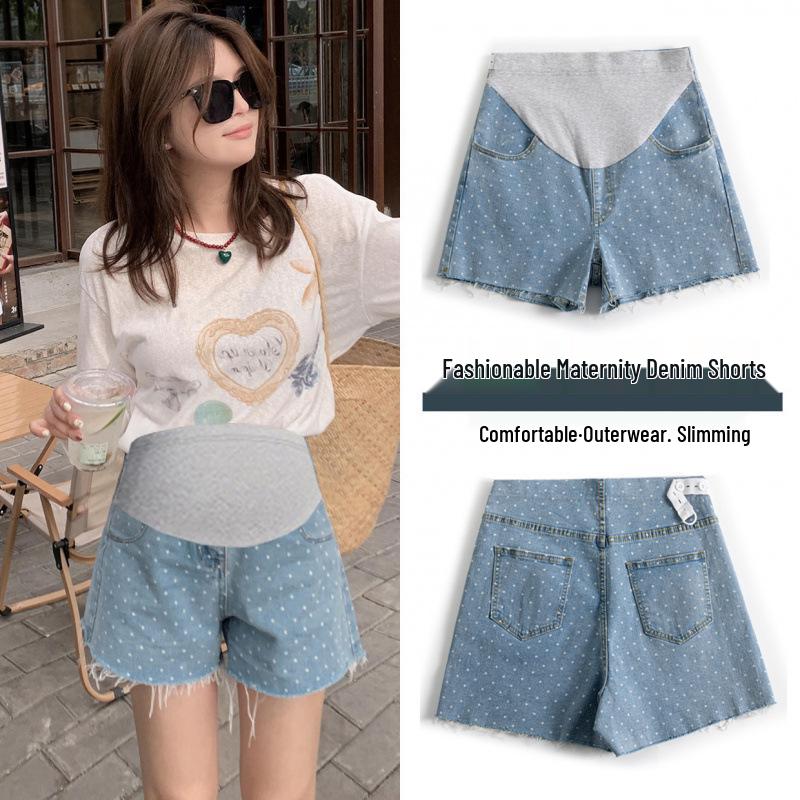 2025 Summer Light Blue Diamond Print Maternity A-Line Denim Shorts with Raw Hem and Wide-Leg M