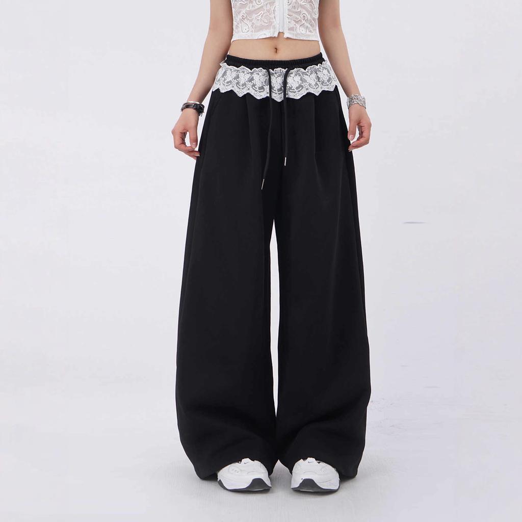 Lace Splicing Jazz Dancing Fart Curtain Pants Niche Loose and Thin Black Sports Casual Wide-leg Pants Black Wide-leg Pants