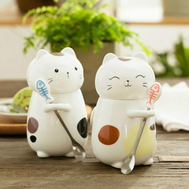 400ml Cats Cup Set with Spoon and Lid Animal Drinkware Cute Cats Coffee Cup with Spoon and Lid Delicate Ceramic Mug Cup